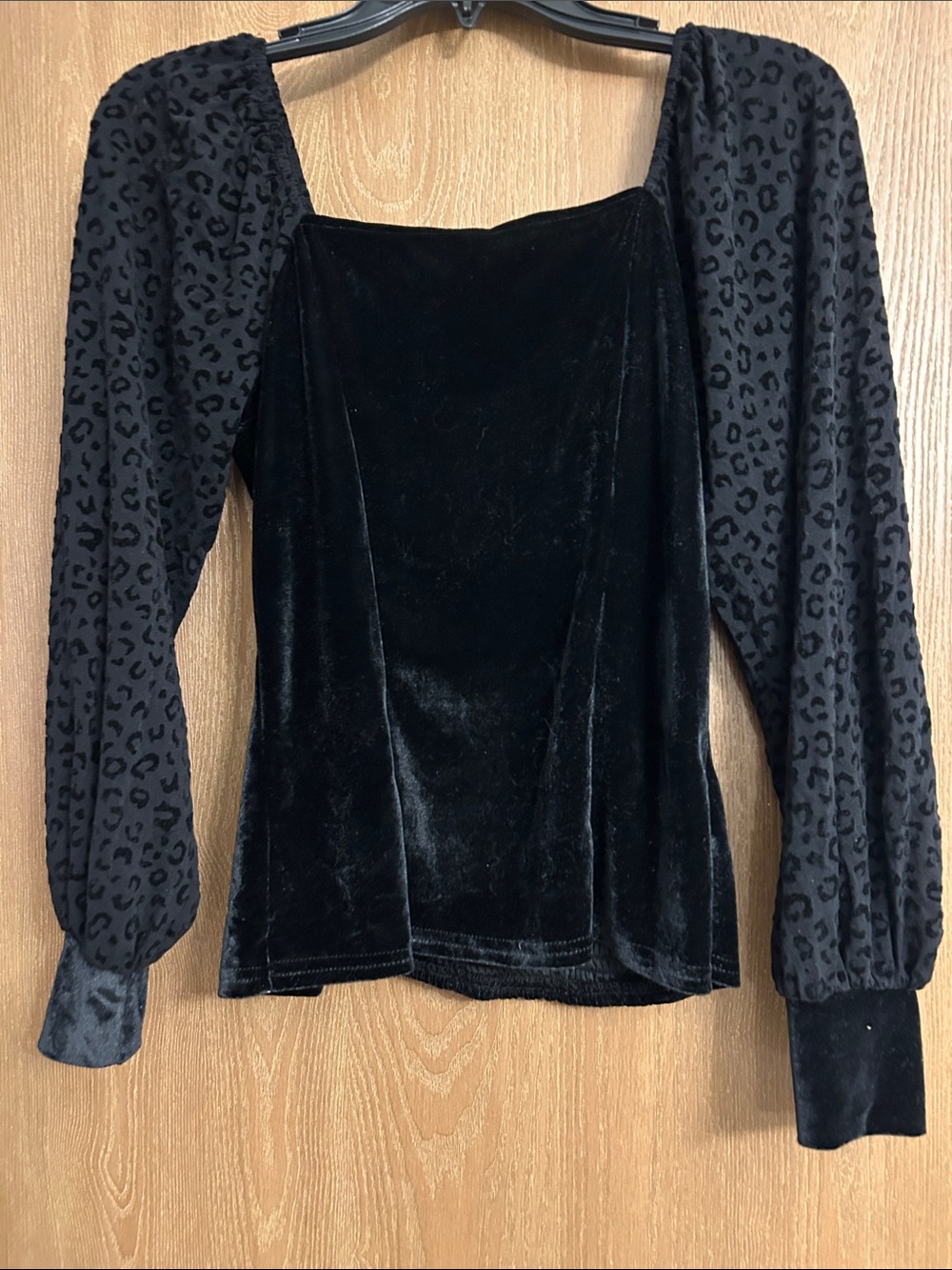 Black Velvet Square-Neck Top with Puff Leopard-Texture Sleeves